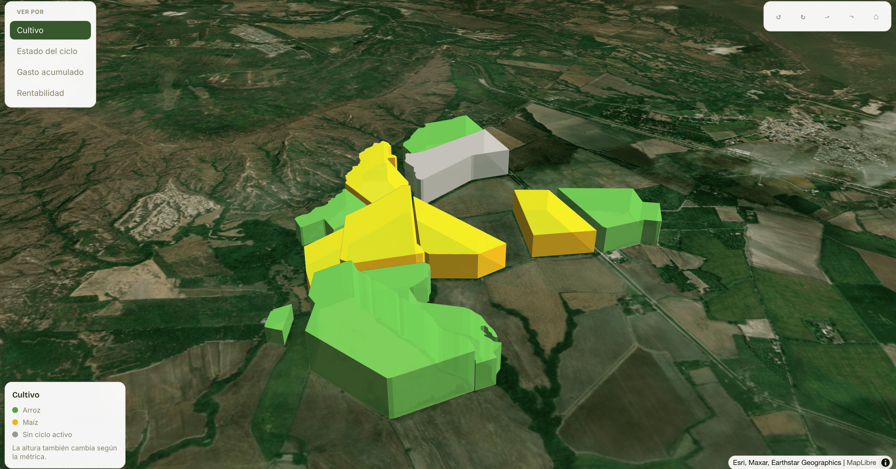 Mapa 3D de Surco mostrando los lotes reales de Finca El Higueron, coloreados por cultivo